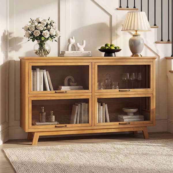 Natural 37.3 in. H Modern Mid-Century Wood Sideboard Storage Display Cabinet with 4 Glass Doors