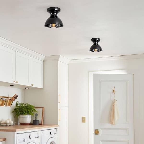 Makaria 1-Light 8.4 in. Modern Industrial Black Bowl Dome Small Semi-Flush Mount Light
