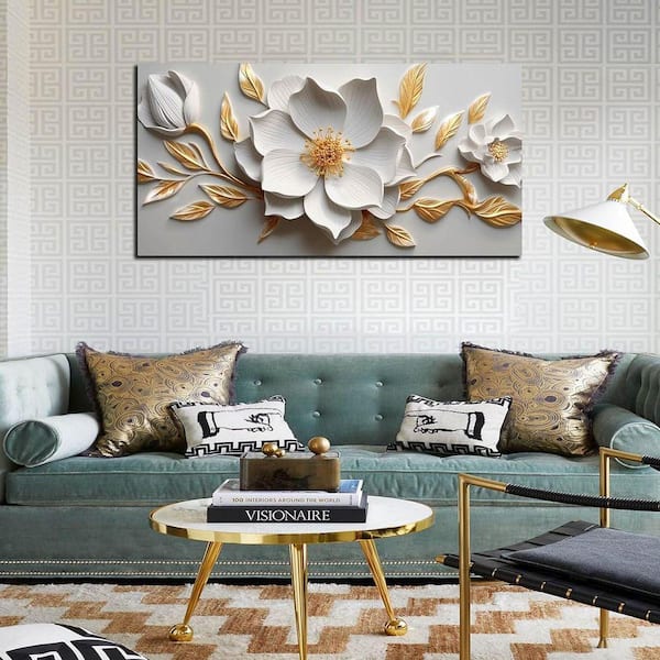 20 in. x 40 in. Framed White and Gold Flower Canvas Wall Art for