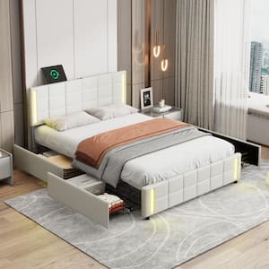 White Wood Frame Queen Size Upholstered PU Platform Bed with Adjustable Headboard, LED Lights, USB Charger and 4-Drawers