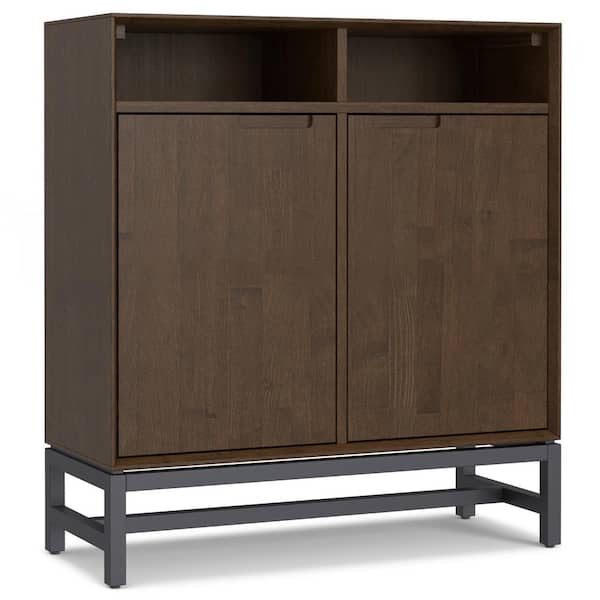 Simpli Home Banting Solid Hardwood 36 in. Wide Modern Industrial Entryway Storage Cabinet in Walnut Brown