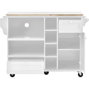 White Rubberwood Kitchen Cart with Drop Leaf, Microwave storage rack, Exterior Shelves, and 2 drawers