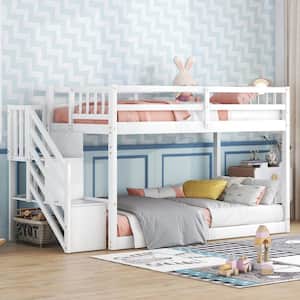 White Twin Over Twin Bunk Bed for Kids, Solid Wood Floor Bunk Bed Frame with Storage Staircase and Safety Guardrails