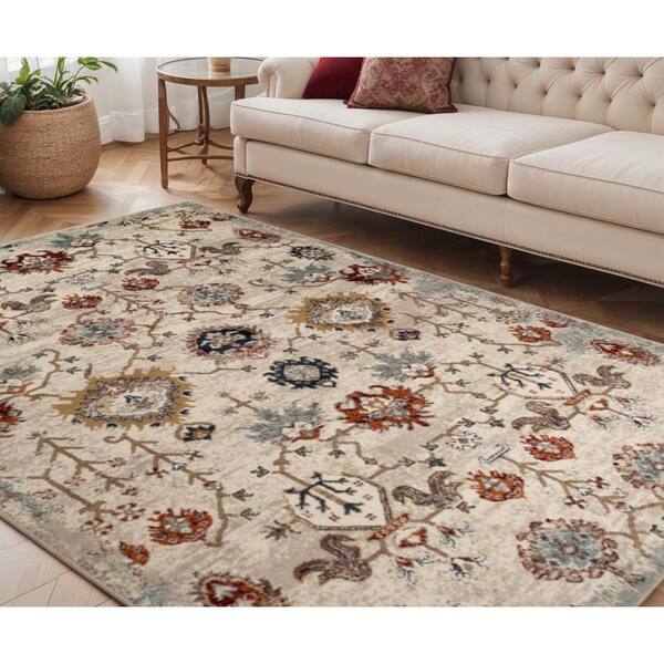 5 ft. x 8 ft. Beige Rust and Navy Oriental Power Loom Area Rug