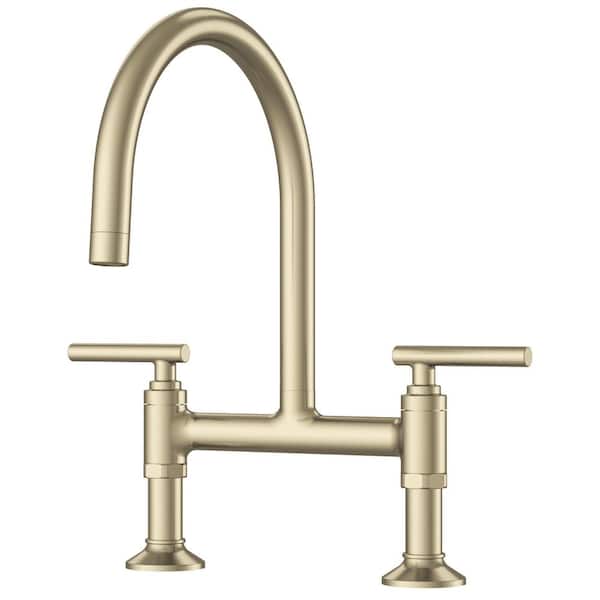 Double-Handle Bridge Kitchen Faucet with 360° Swivel Spout and Solid Brass Construction in Brushed Gold