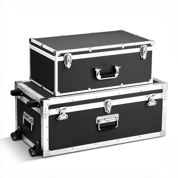 Set of 2 Metal Storage Trunks, Wooden Boxes with 30.04 in. Black Backpack with Padlocks, Casters, Decorative Chest