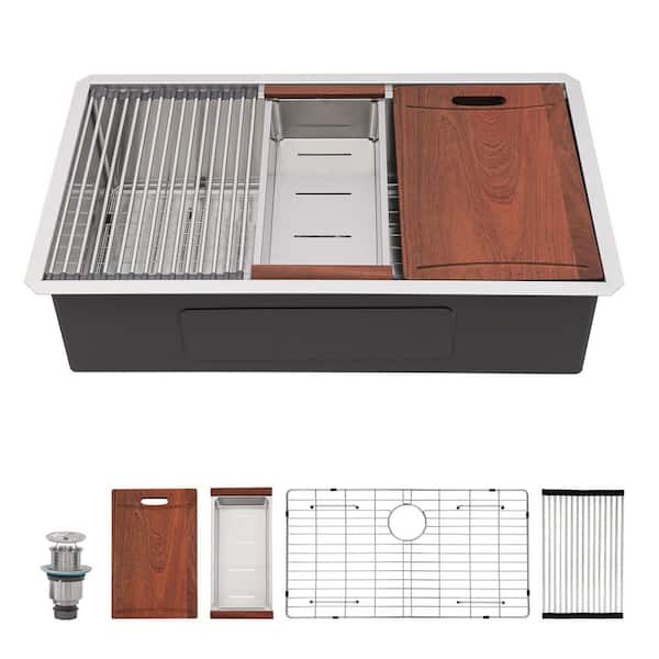 33 in. x 19 in. Undermount Single Bowl 16 Gauge Stainless Steel Workstation Kitchen Sink with Bottom Grids