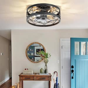 16.5 in. Indoor Matte Black Caged Flush Mount Industrial Ceiling Fan with Metal Light Kit and Remote Control Included