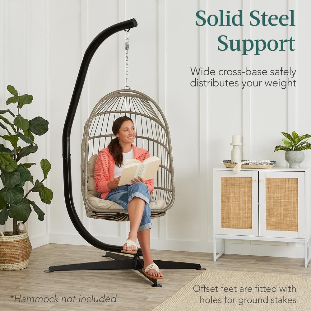 Black Powder-Coated Steel Hanging Hammock C-Stand with Offset Base