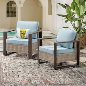 2-Piece Patio Wicker Outdoor Lounge Chair with Metal Frame and Baby Blue Cushions