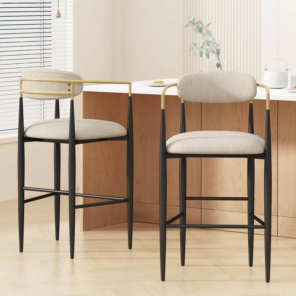 Set of 2 Modern Barstools, Beige Brown Leather Iron Frame, 42 in. Height, f