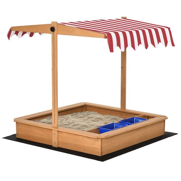 3.5 ft. W x 3.5 ft. L Kids Wooden Sandbox with Adjustable Height Cover, Bottom Liner, Seat, Plastic Basins