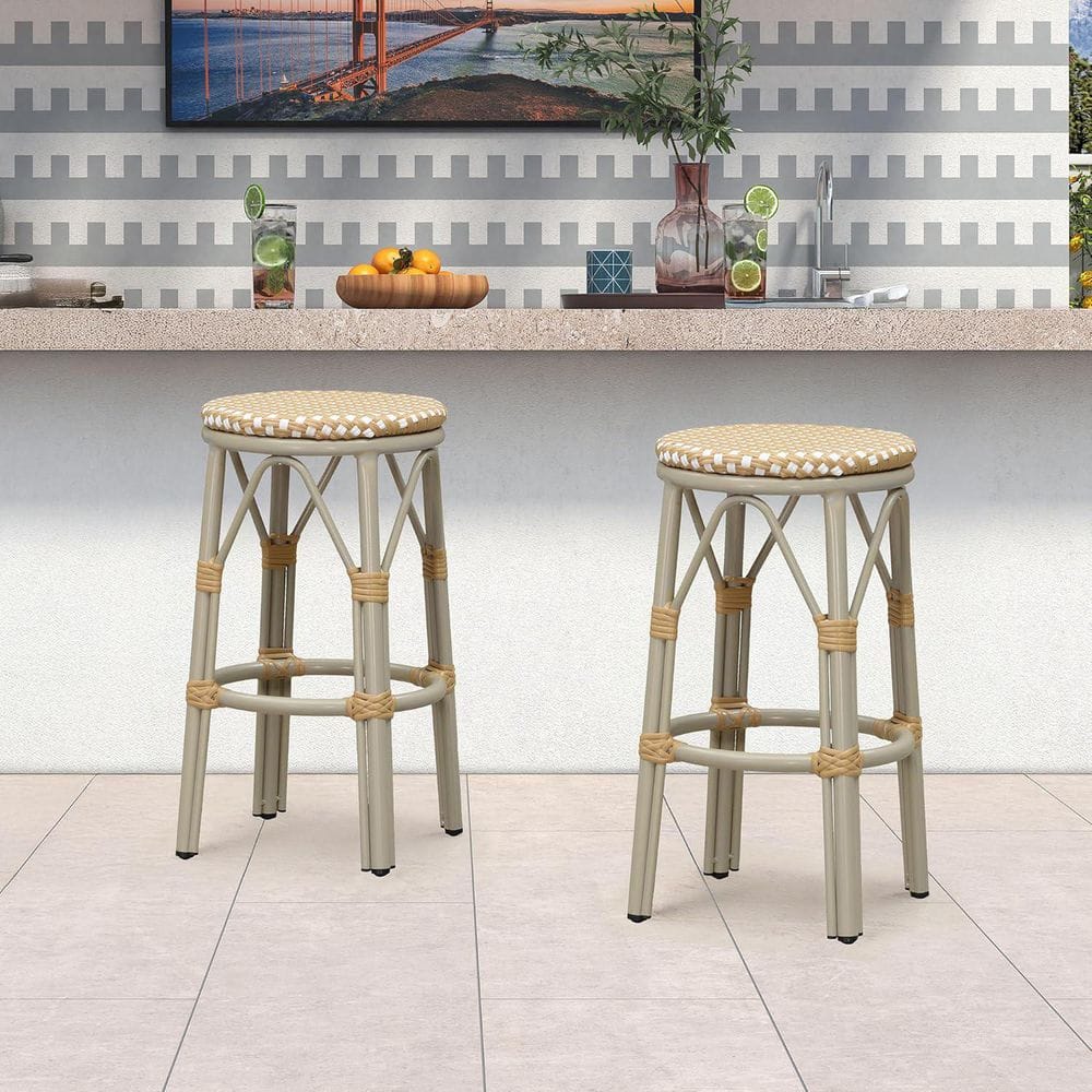 Modern Aluminum Backless Rattan Counter Height Outdoor Bar Stool with Amber and White Cushion, Champagne(2-Pack) price history on PriceWatchPro