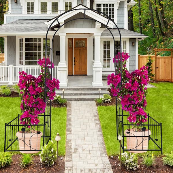 Unbranded 79 in. W x 86.6 in. H Metal Outdoor Garden Rose Arch with 2-Plant Climbing Supports Trellis, Black