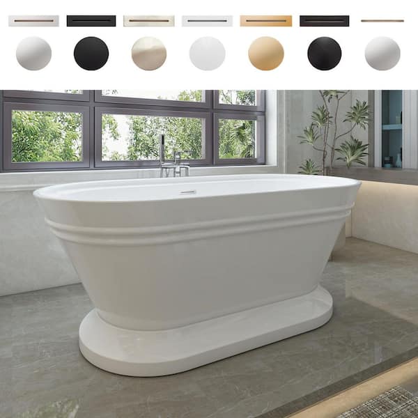 Versailles 59 in. x 29.5 in. Acrylic Flatbottom Freestanding Soaking Bathtub with Center Drain in White/Polished Chrome