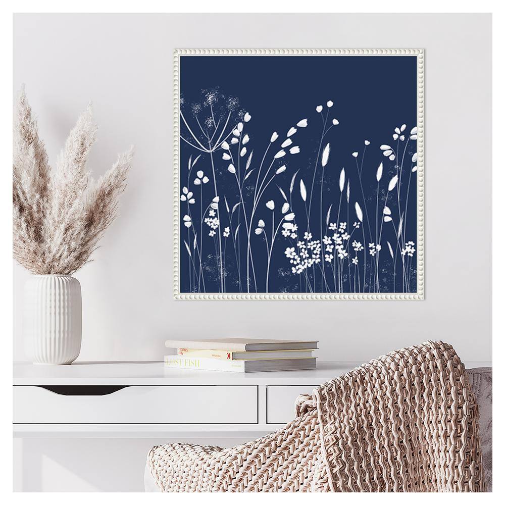 Indigo Flowers II White Floater Frame Canvas Wall Art