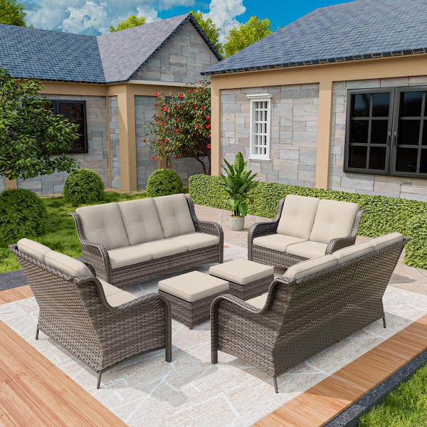 MeetLeisure Patio Furniture Set 6 Pieces Outdoor Wicker Sectional Sofa with Beige Cushions