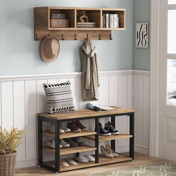Tribesigns Howard Coffee Wood 32 in. Shoe Rack with Coat Hooks, Hall Tree  with Shoe Bench and Shelves TJHD-JW0201 - The Home Depot