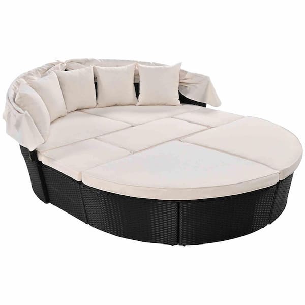 Outdoor Wicker Daybed,Round Outdoor Sectional Sofa Set with Beige Cushions