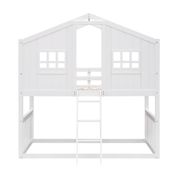 Angel Sar White Twin Over Twin House Bunk Bed With Ladder, Roof ...