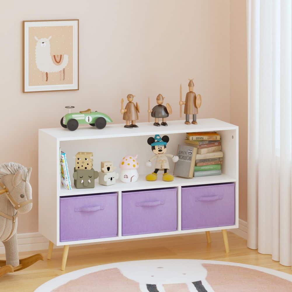 Naro 23.62 in. Tall White + Purple MDF Wood Freestanding Kids Bookcase with Fabric Drawers and Open Display Shelf
