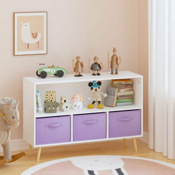 Naro 23.62 in. Tall White + Purple MDF Wood Freestanding Kids Bookcase with Fabric Drawers and Open Display Shelf