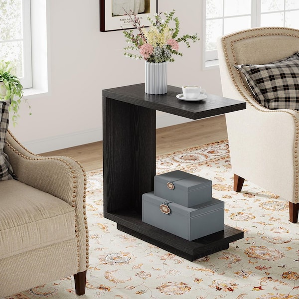 Calvin 23.6 in. Black Narrow Rectangle C-Shaped Sofa Side End Table Sturdy Pedestal Industrial Wood Bedside Nightstand
