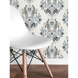 30.75 sq. ft. Bluestone and Grey Spring Damask Vinyl Peel and Stick Wallpaper Roll