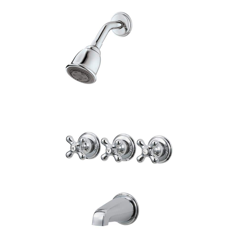 Polished Chrome Wall Mounted 3-Handle Tub and Shower Faucet