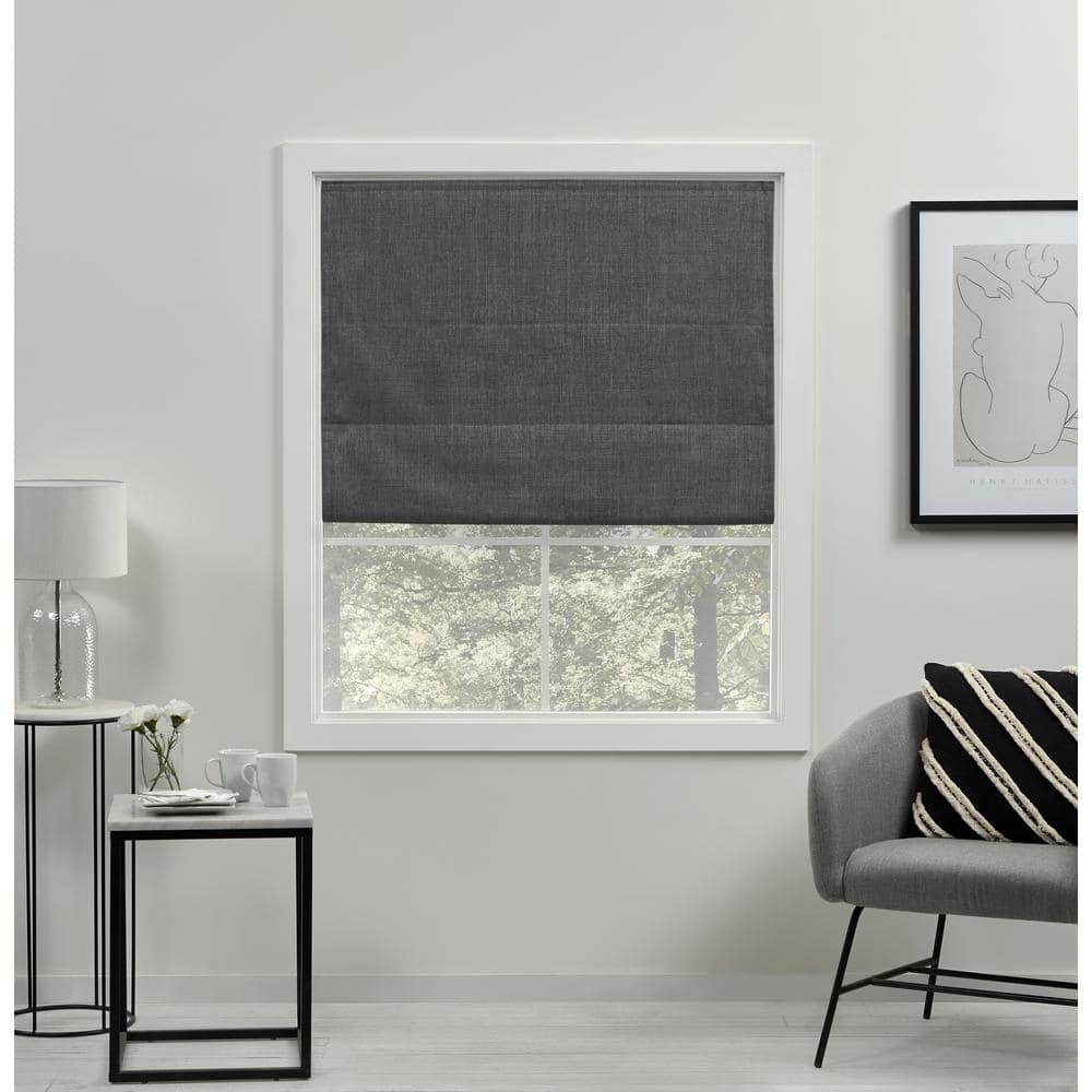 EXCLUSIVE HOME Acadia Grey Cordless Total Blackout Roman Shade 27 in. W ...