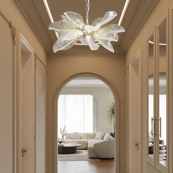 YUYI D23 in. 16-Light Silver Modern Chandelier, Crystal Leaf