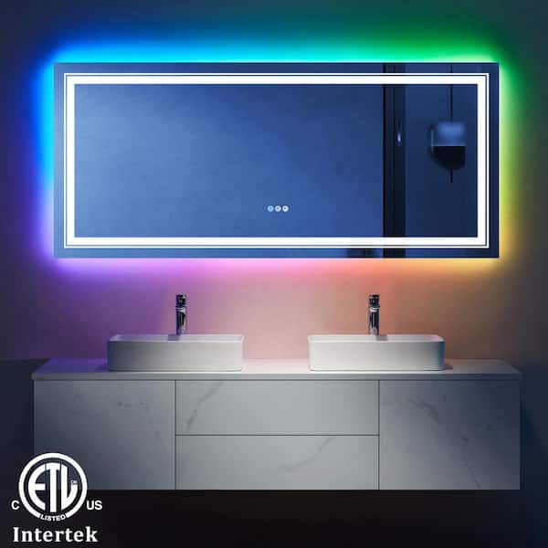 Apmir 72 in. W x 32 in. H Rectangular Frameless RGB Backlit & LED Frontlit Anti-Fog Tempered Glass Wall Bathroom Vanity Mirror
