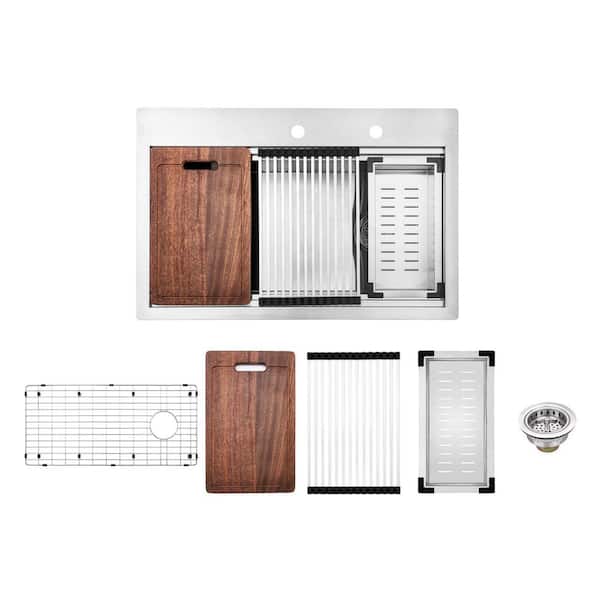 33 in. Drop-In/Undermount Single Bowl Stainless Steel 18-Gauge Workstation Kitchen Sink with Accessories