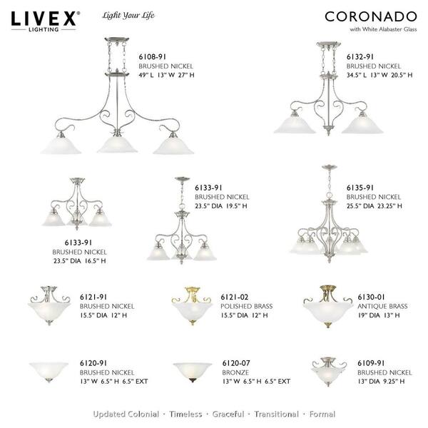 Livex Lighting Coronado Brushed Nickel Transitional Kitchen Island Light Livex Lighting Coronado Brushed Nickel Transitional Kitchen Island Light