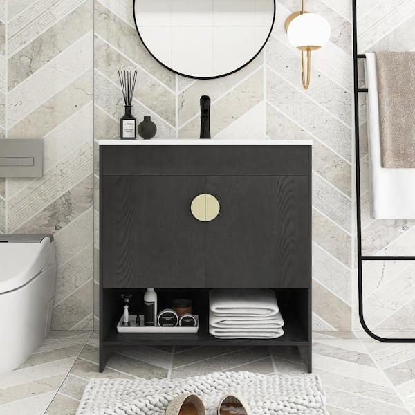JimsMaison 30 in. W x 18 in. D x 33 in. H Single Sink Freestanding Bath Vanity in Black with White Ceramic Top