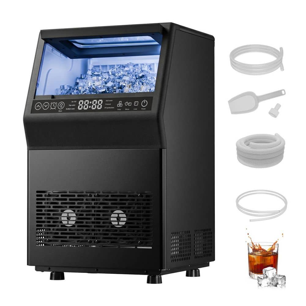 14.17 in. 80 lb. /24H Full Size Cubes Freestanding Commercial Ice Maker in Black with Dual Water Supply Options