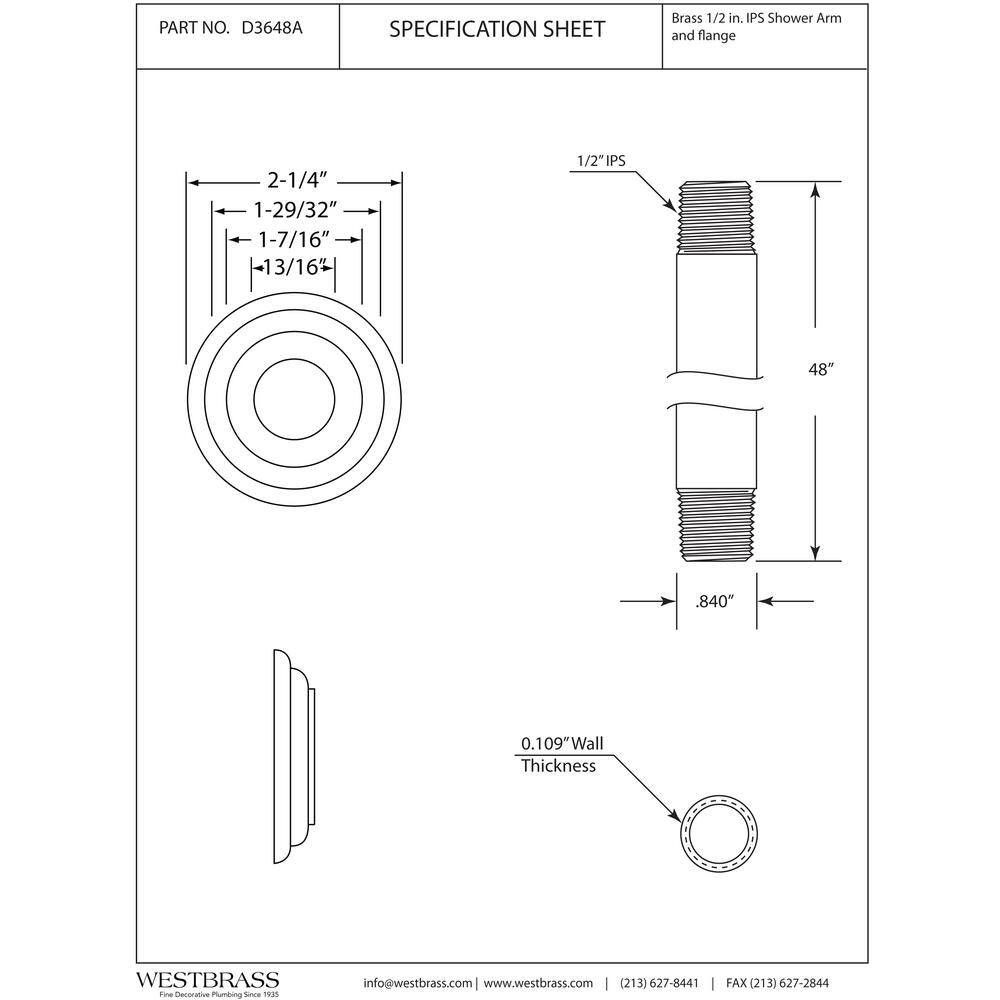 Westbrass D3648A-62 Westbrass 1/2" IPS x 48" Round Ceiling Mount Shower Arm with Flange