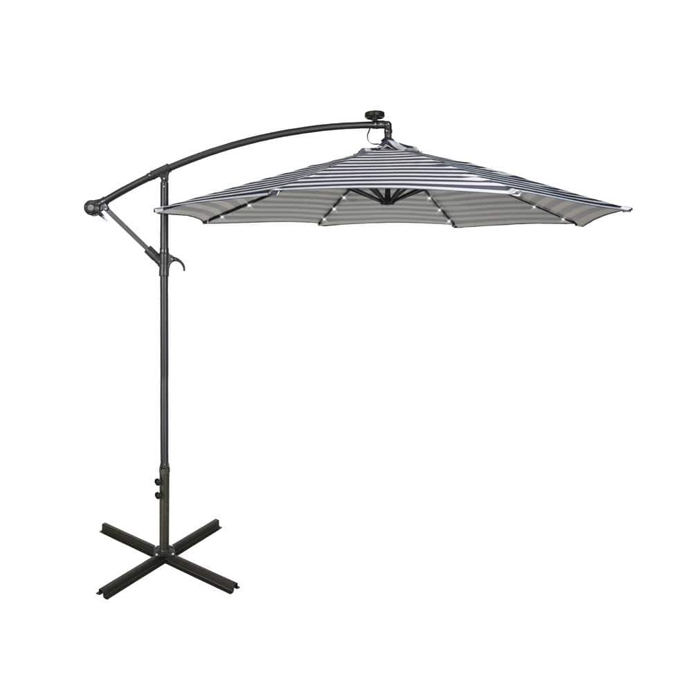 Bayshore 10 ft. Outdoor Patio Crank Lift LED Solar Powered Offset Cantilever Umbrella with Cross Base, Gray/White Stripe price history on PriceWatchPro