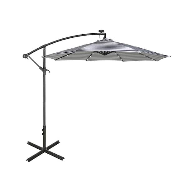 WESTIN OUTDOOR Bayshore 10 ft. Outdoor Patio Crank Lift LED Solar Powered Offset Cantilever Umbrella with Cross Base, Gray/White Stripe