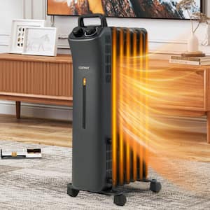 1500-Watt Black Electric Oil Filled Space Heater Radiant Space Heater with 3-Level Heat, Cord Hook, 4 Wheels and Handle