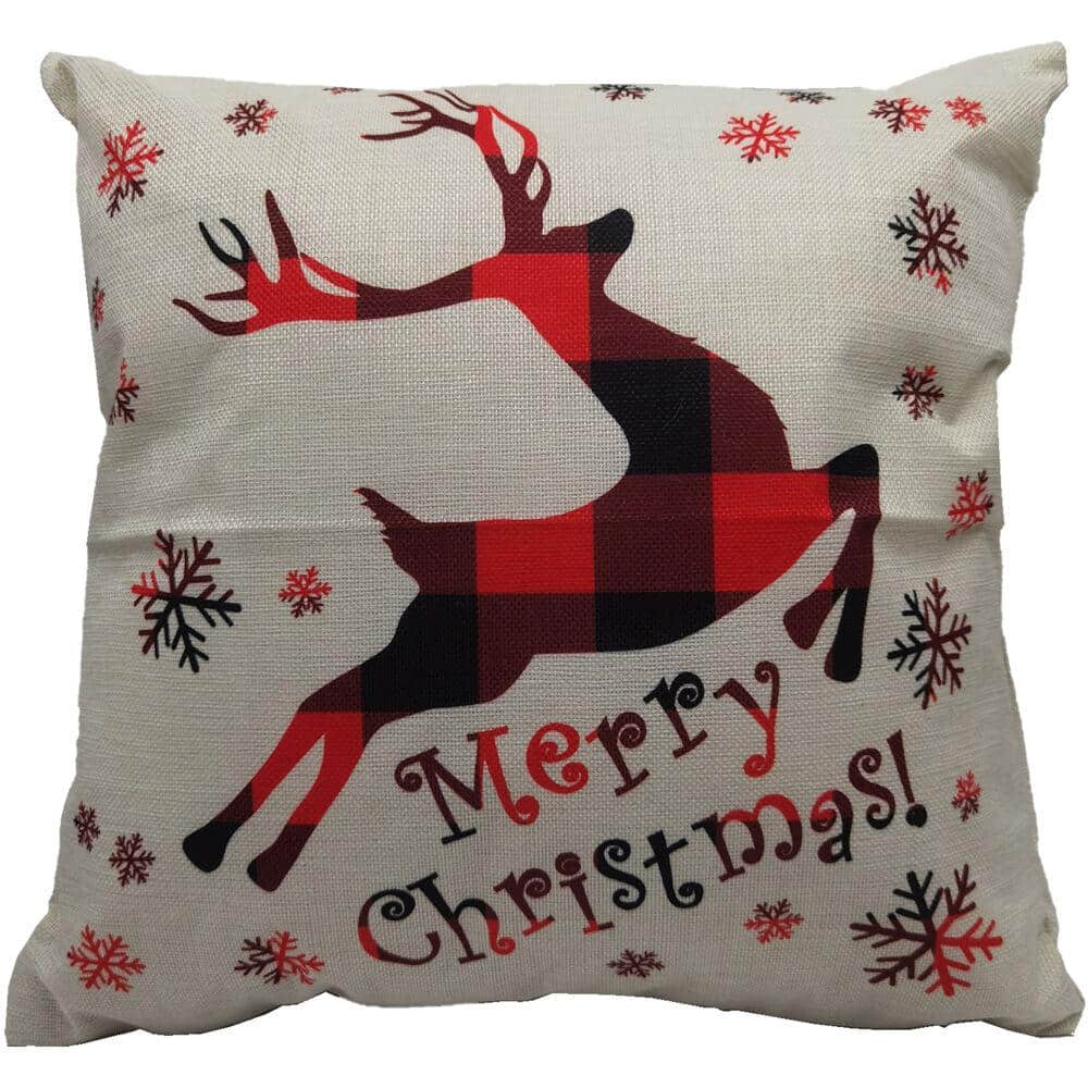 15.5 in. Buffalo Plaid Reindeer Merry Christmas Accent Pillow