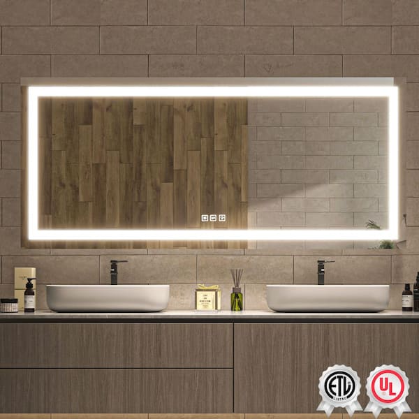 waterpar 72 in. W x 32 in. H Rectangular Frameless Wall Bathroom Vanity Mirror with Backlit and Front Light