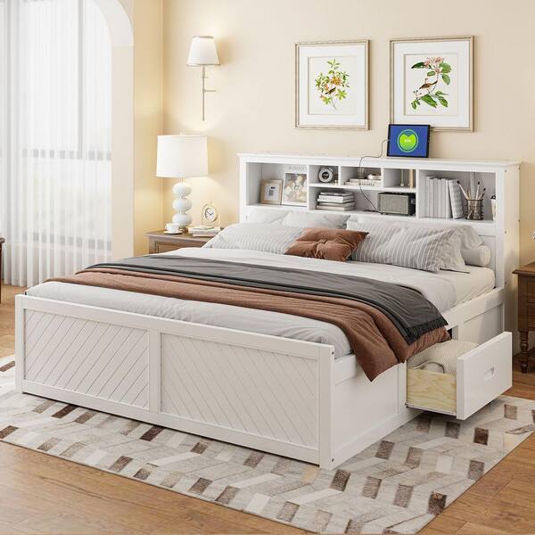 Nestfair White Wood Frame King Size Platform Bed with Storage 