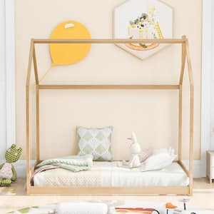 Natural Twin Size Wooden House Bed House Shape Floor Bed Frame Wood House Bed for Boys and Girls