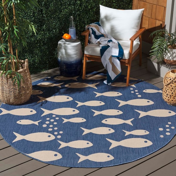 Courtyard Blue/Beige 5 ft. x 5 ft. Novelty Fish Indoor/Outdoor Round Area Rug