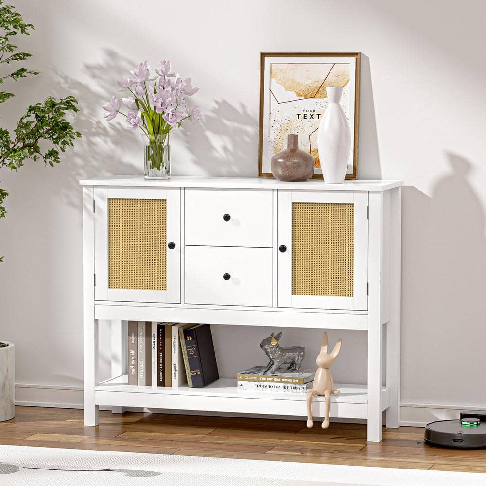 Aupodin 12 in. White Rectangle Wood Console Table with 2-Rattan Doors ...