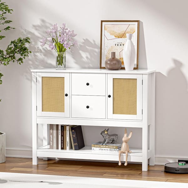 Aupodin 39 in. White Rectangle Wood Console Table with 2-Rattan Doors and Drawers