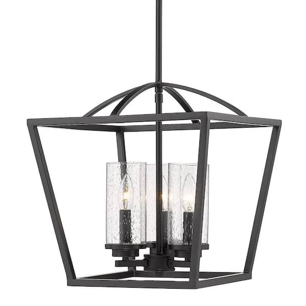 Golden Lighting Mercer 3-Light Pendant in Matte Black with Matte Black Accents and Seeded Glass