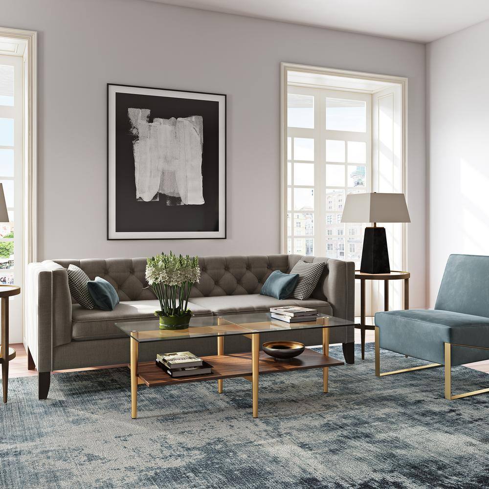 47'' Gold and Walnut Rectangular Glass Coffee Table