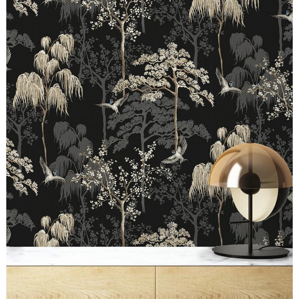 Black and Beige Vinyl Peel and Stick Bird Garden Wallpaper